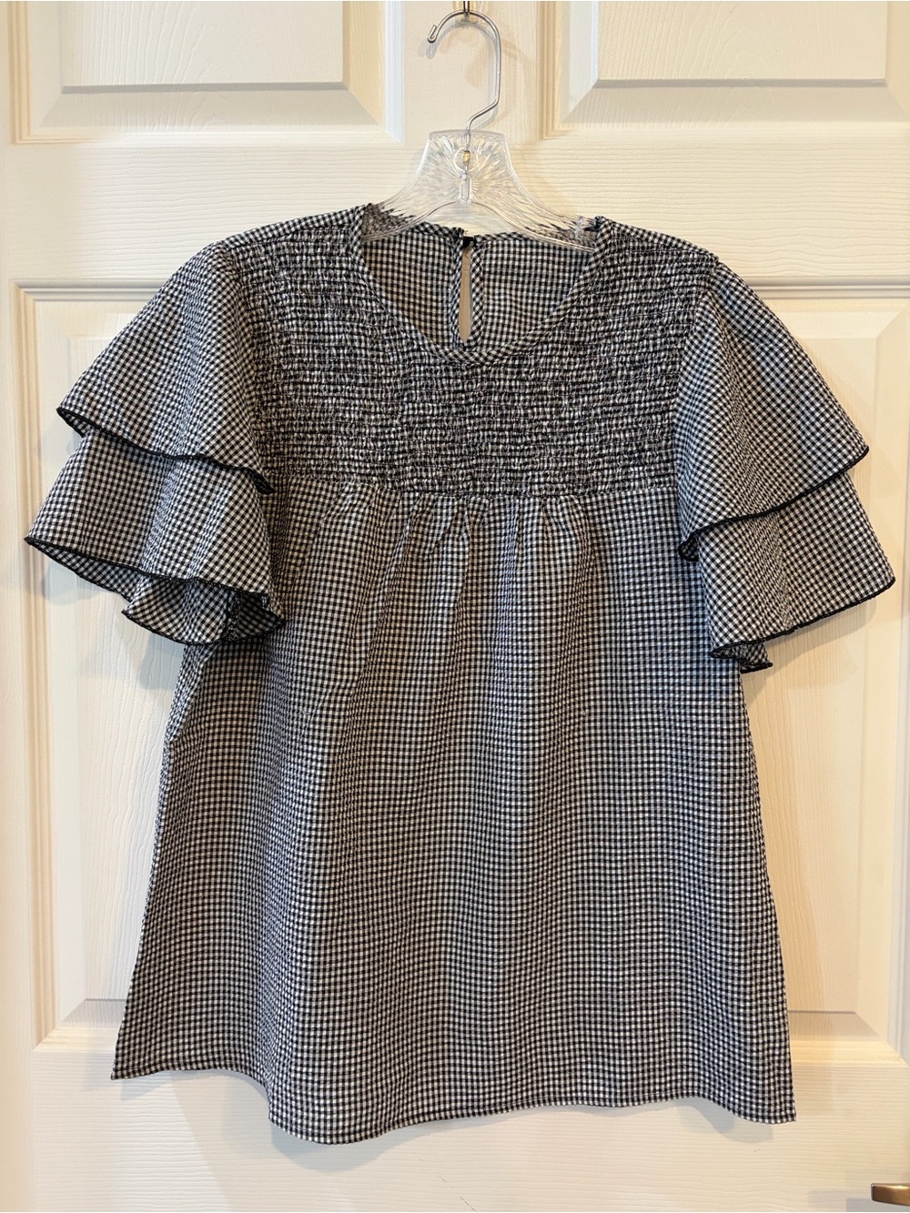 Black and White Gingham Ruffle Sleeve Top